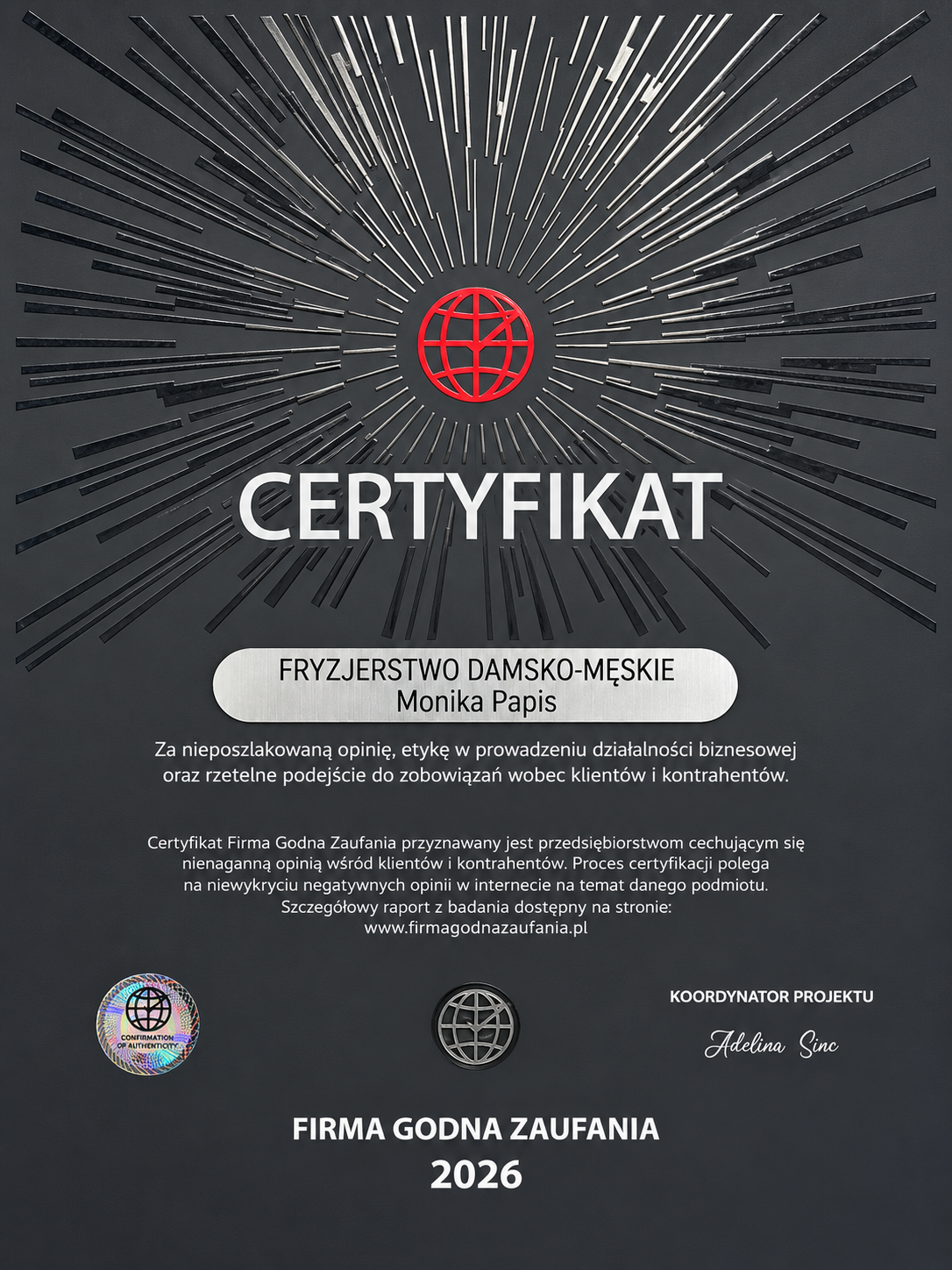 Certyfikat Firma Godna Zaufania 2026 dla Fryzjerstwa Damsko-Męskiego Monika Papis